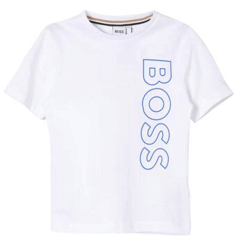 Playera BOSS Blanca con Logo Vertical Azul para Niño