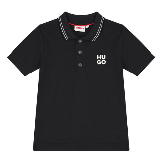 Polo Hugo Negro Para Niño con Logotipo Blanco