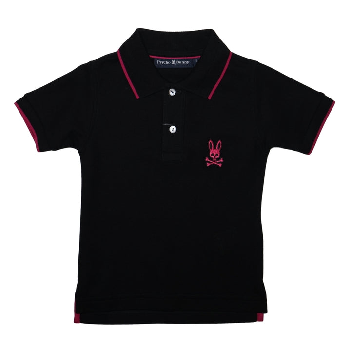 Psycho Bunny polo negro con bordado rosa de conejo y calavera