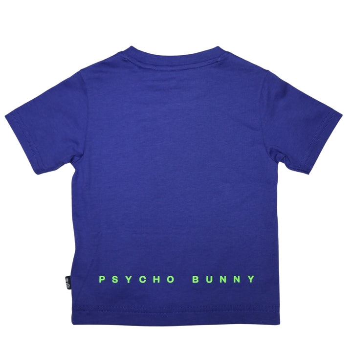 Psycho Bunny playera azul con estampado pequeño de conejos y logotipo trasero