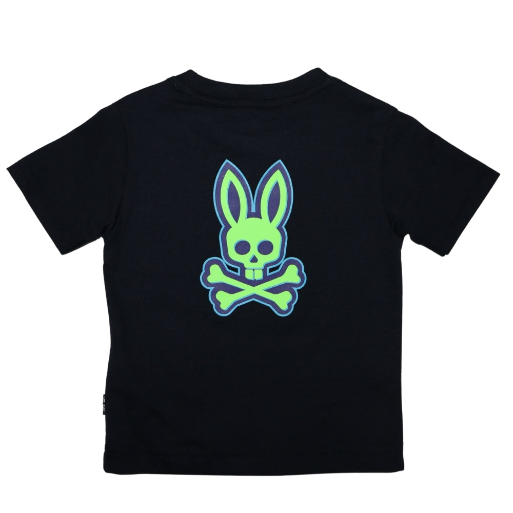 Playera Psycho Bunny Negra con Logo Verde Neón al Frente y Posterior