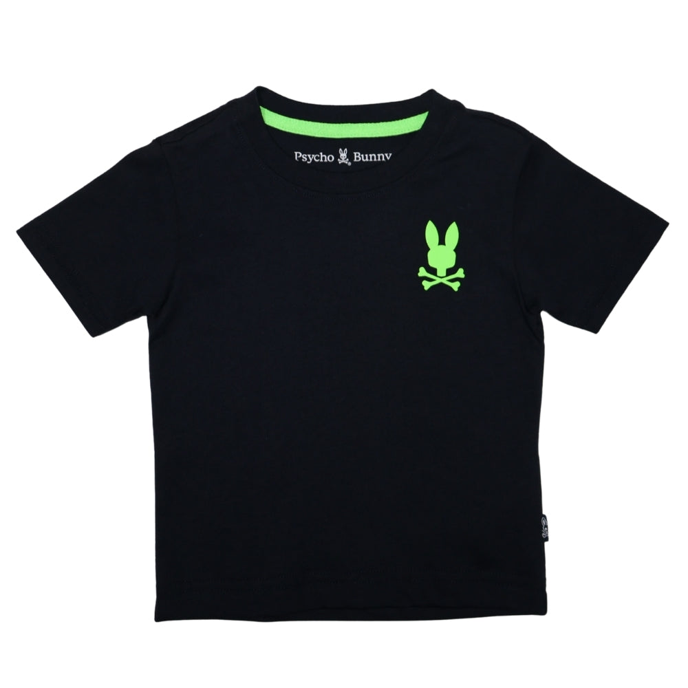 Playera Psycho Bunny Negra con Logo Verde Neón al Frente y Posterior