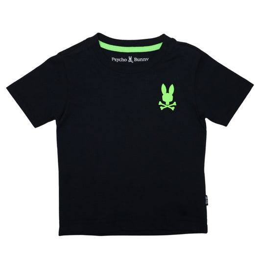 Playera Psycho Bunny Negra con Logo Verde Neón al Frente y Posterior