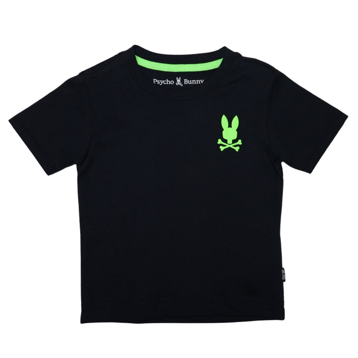 Playera Psycho Bunny Negra con Logo Verde Neón al Frente y Posterior