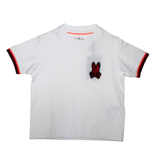 Playera Psycho Bunny Blanca con Logo Rojo y Detalles en Mangas
