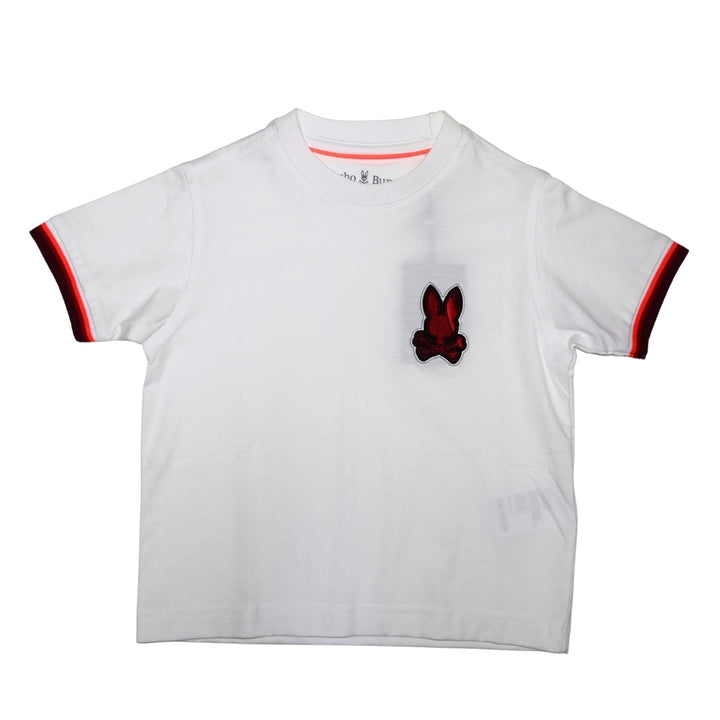 Playera Psycho Bunny Blanca con Logo Rojo y Detalles en Mangas