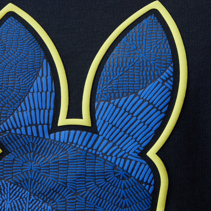 Psycho Bunny playera negra con estampado azul y amarillo de conejo y calavera
