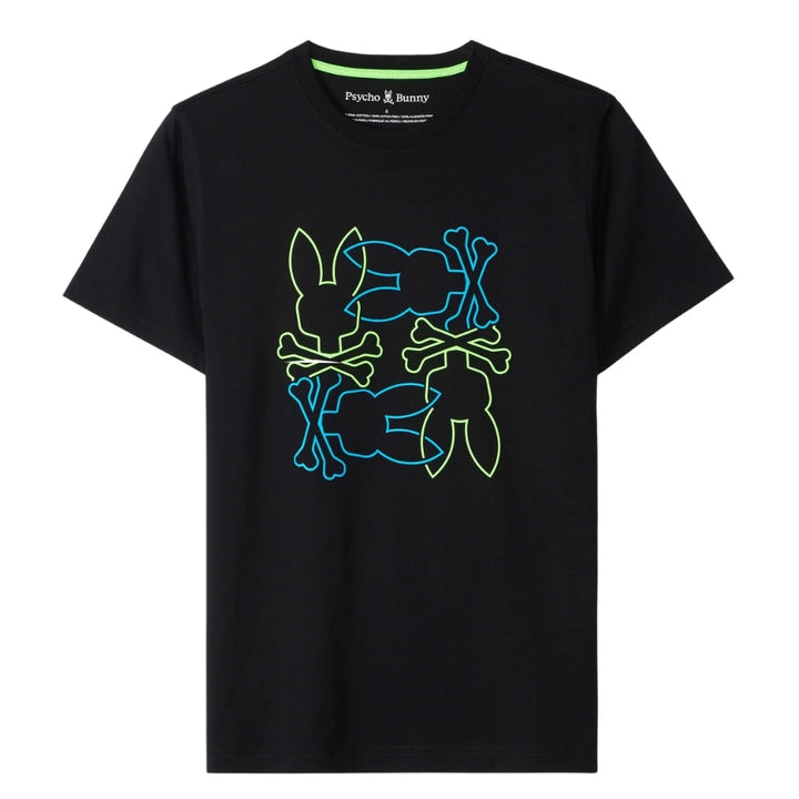Playera Psycho Bunny Negra con Logos en Verde y Azul Neón