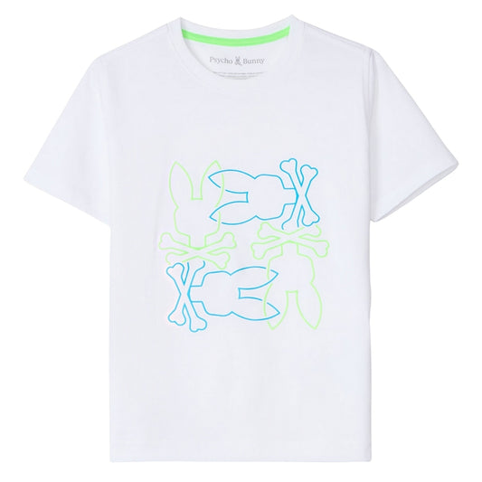 Playera Psycho Bunny Blanca con Logos en Verde y Azul Neón