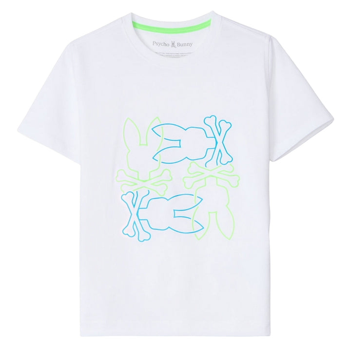 Playera Psycho Bunny Blanca con Logos en Verde y Azul Neón