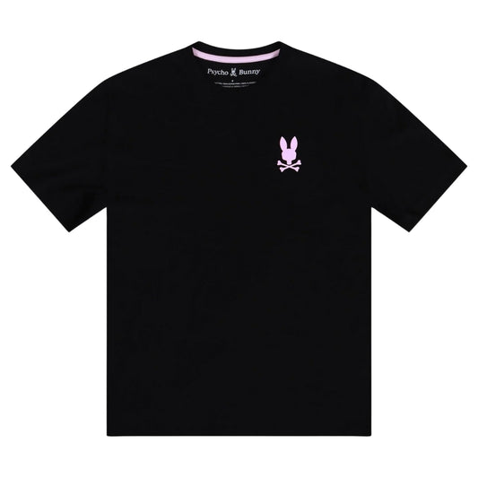 Playera Psycho Bunny Negra con Logo Rosa y Estampado Posterior