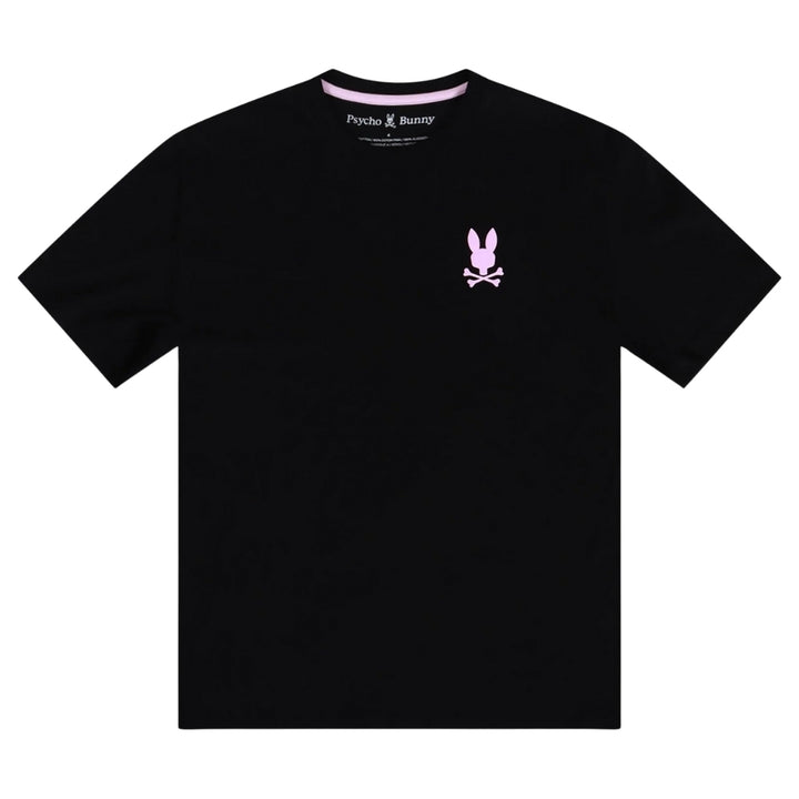 Playera Psycho Bunny Negra con Logo Rosa y Estampado Posterior