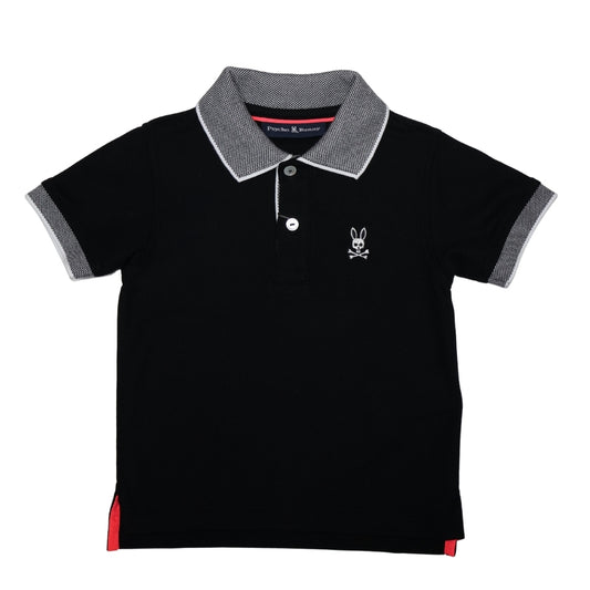 Psycho Bunny polo negro con bordado blanco y detalles en cuello y mangas gris