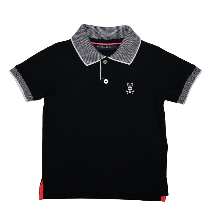 Psycho Bunny polo negro con bordado blanco y detalles en cuello y mangas gris