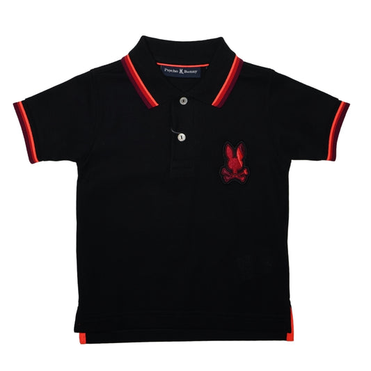 Psycho Bunny polo negro con bordado rojo y detalles en cuello y mangas en contraste