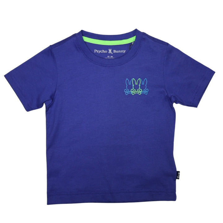 Psycho Bunny playera azul con estampado pequeño de conejos y logotipo trasero