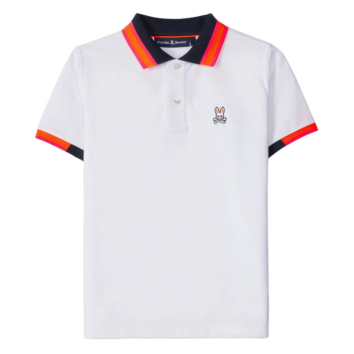 Psycho Bunny polo blanco con bordado y detalles en cuello y mangas en tonos naranja y rosa