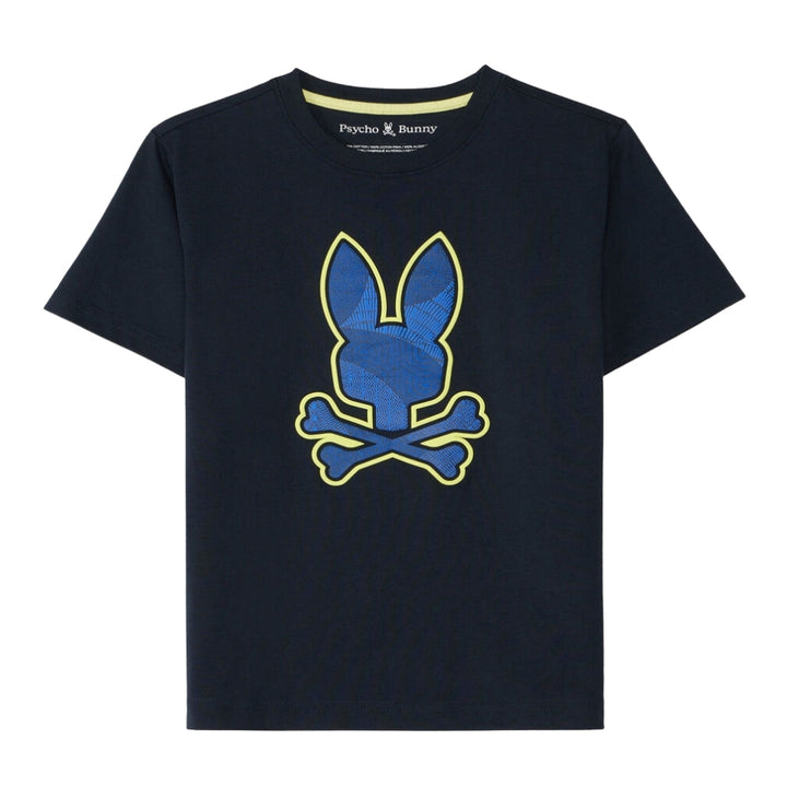 Psycho Bunny playera negra con estampado azul y amarillo de conejo y calavera
