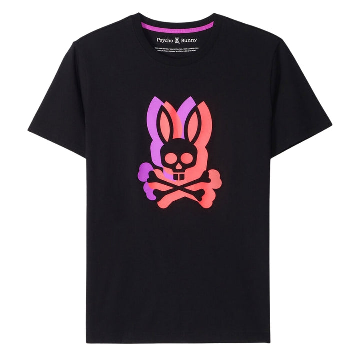 Psycho Bunny playera negra con estampado grande de conejo y calavera en degradado rosa y morado