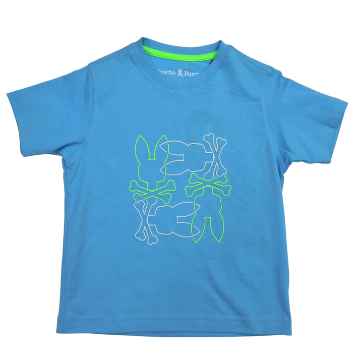 Psycho Bunny playera azul con estampado múltiple de conejos y calaveras en verde y blanco